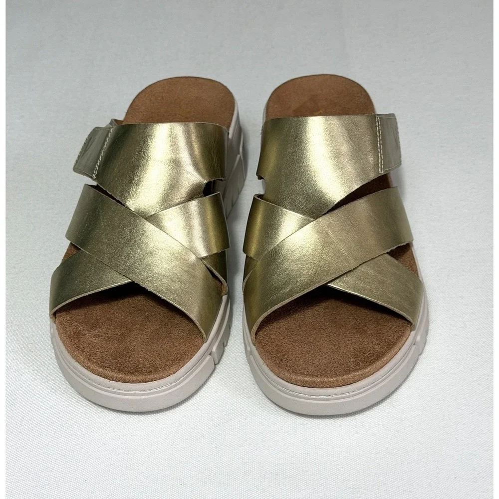 Vionic Women's Gold Metallic Leather Uptown Sunset Wedge Slide Sandal Size 7